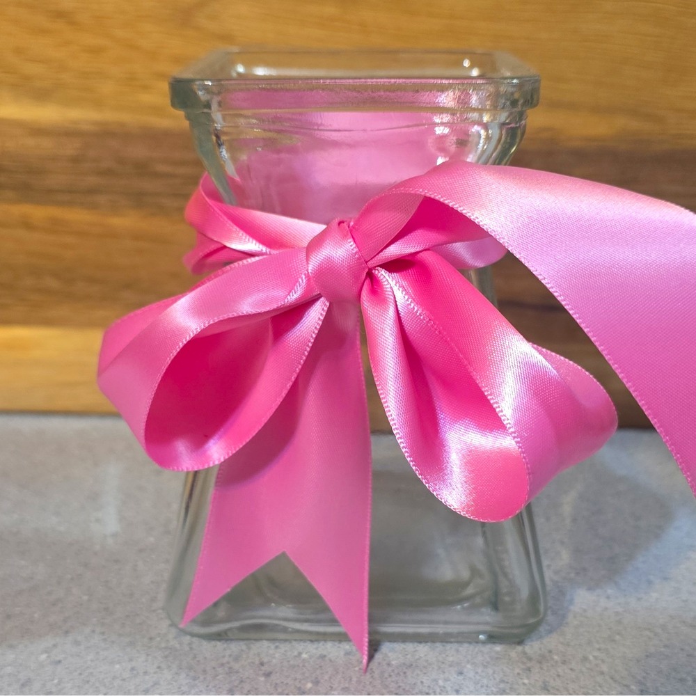Square Clear Glass Flower Vase w/ Decorative Pink Ribbon Bow, Freestanding 6 in